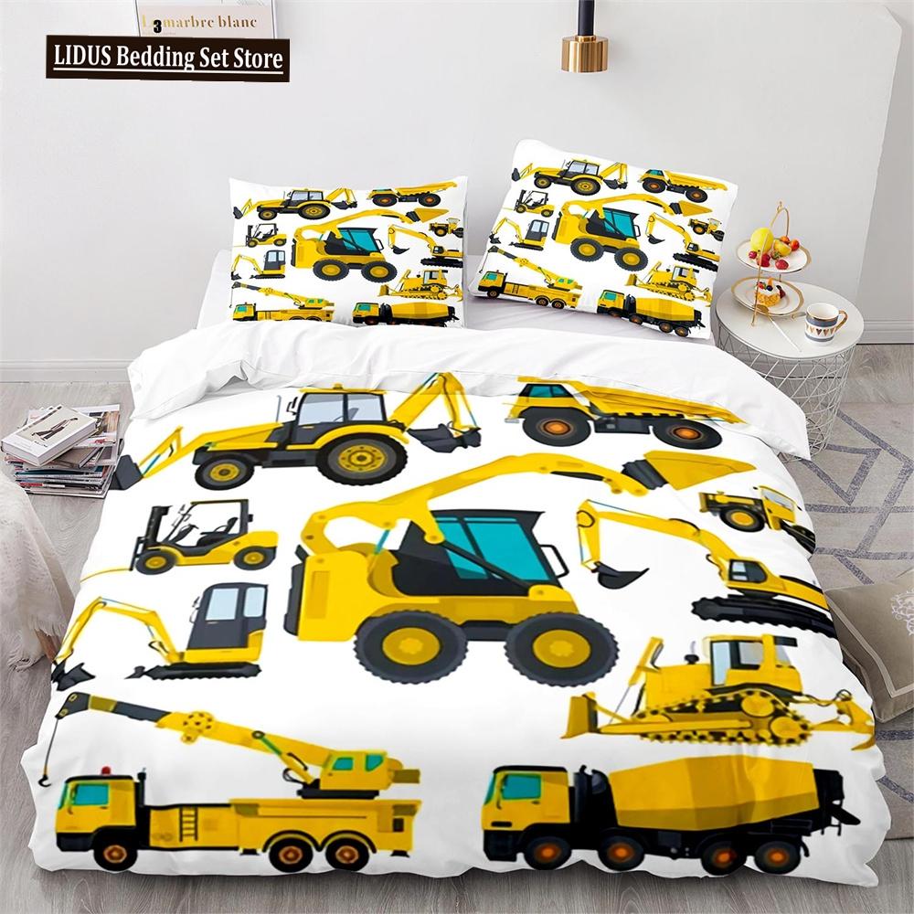 Digger Duvet Cover Set Cartoon Heavy Machinery Truck Crane Mixer Excavator Tractor Pattern For Kid Teen Polyester Bedding Set