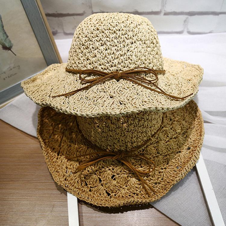 Handmade Crochet Straw Hat Women's Foldable Versatile Bow Travel Vacation Visor Beach Big Eaves Hat Summer