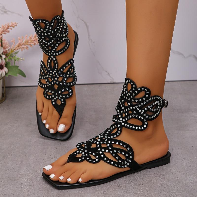 Summer New Flat Shoes Women Square Head Toe Crystal Line with Soft Sole Anti-slip Wear-resistant Sandals