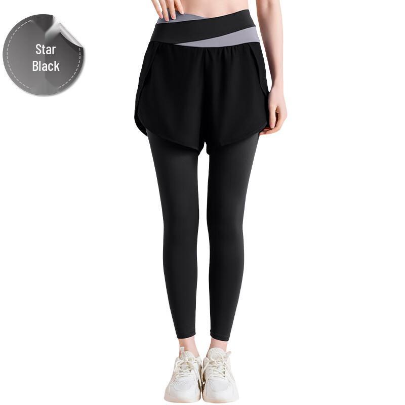 Nuodingxiu Faux Two-Piece Color-Blocked High-Waist Tummy Control Yoga Pants