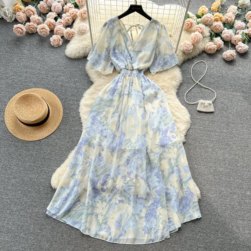 Frauen Chiffon Floral Lange Kleid Koreanische V-ausschnitt Kurzarm A-linie Party Kleider Sommer Böhmischen Stil Strand Vestidos