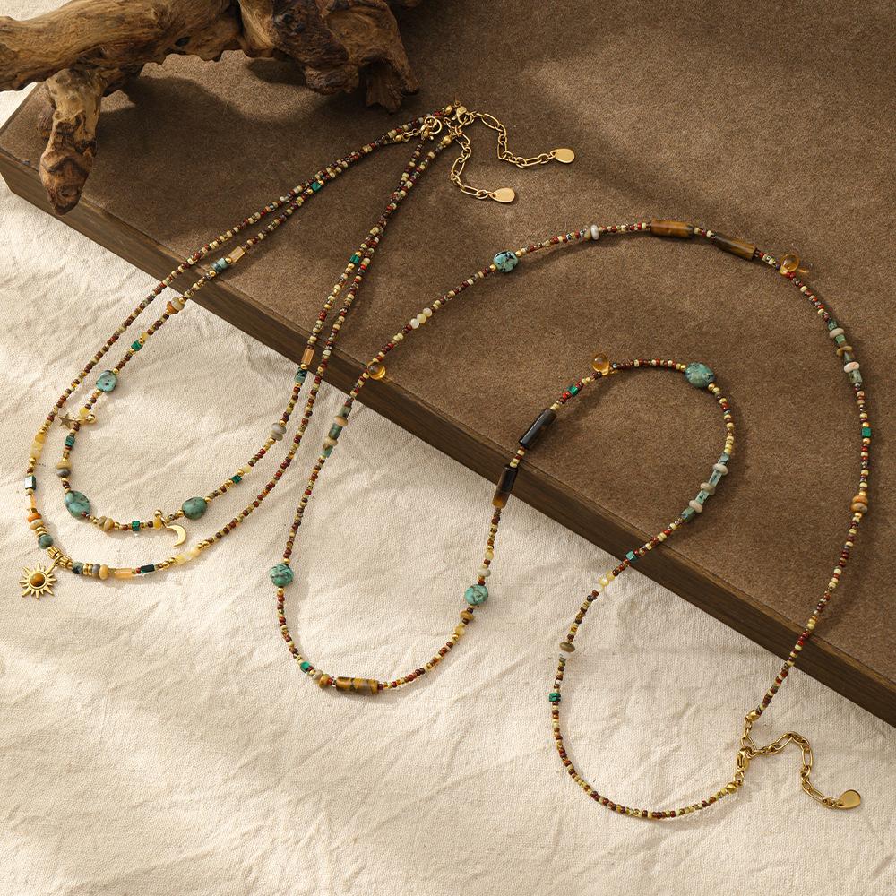 New Chinese Czech Beaded Sunflower Pendant Necklace Retro Ethnic Style Colored Natural Stone Long Sweater Chain