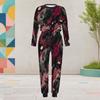 Women Plus Size Black Red Printed Round Neck Long Sleeve Cuffed Two Piece Pants Set With Pockets