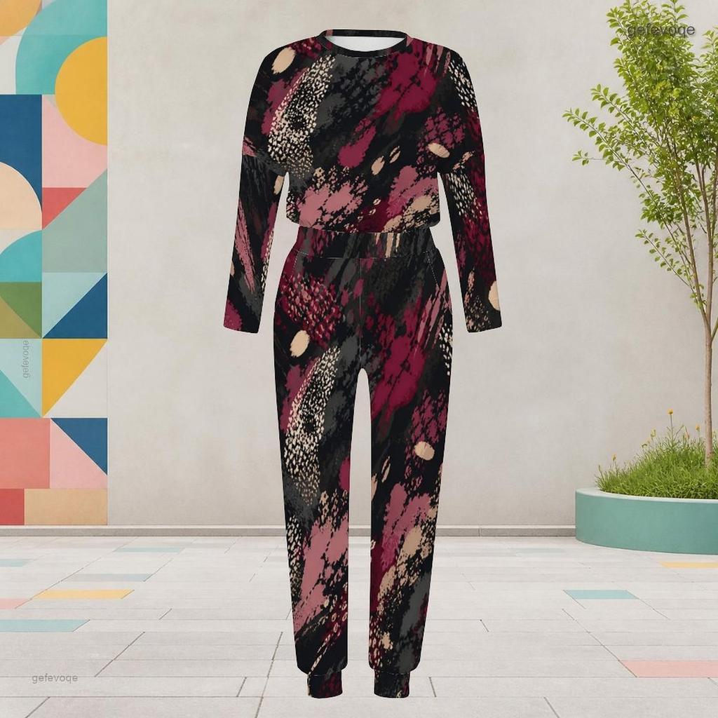 Women Plus Size Black Red Printed Round Neck Long Sleeve Cuffed Two Piece Pants Set With Pockets