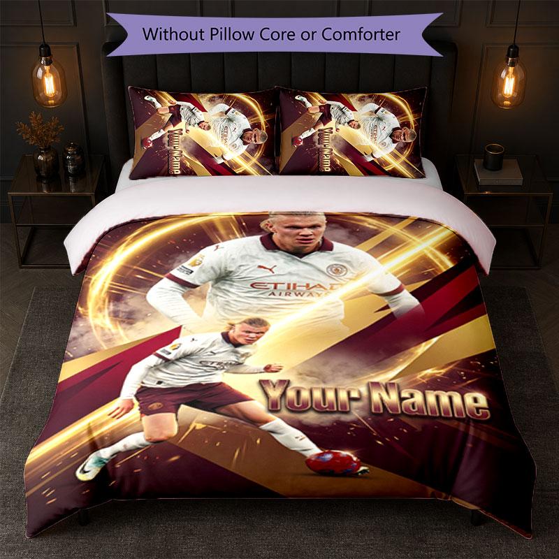 Set Biancheria da Letto Personalizzato con Nome Erling Haaland 1 Copripiumino + 2 Federe Logo Calcio Regalo Personalizzato per Occasioni Speciali Decorazione Camera da Letto