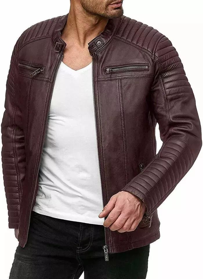 Handgefertigte Herrenjacke aus echtem, weichem Lammleder, burgunderrot, stilvolles Echtleder