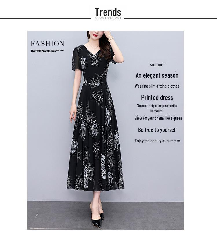 Spring/Summer 2024 V-Neck Floral Black Midi Dress - Plus Size Women's High-End Collection