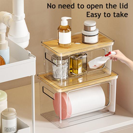 Dispenser per Sacchi della Spazzatura Portasacchi Impilabile con Coperchio in Bambù Organizzatore Trasparente in Plastica per Sacchi della Spazzatura per Cucina Lavanderia Dispensa Sotto il Lavello