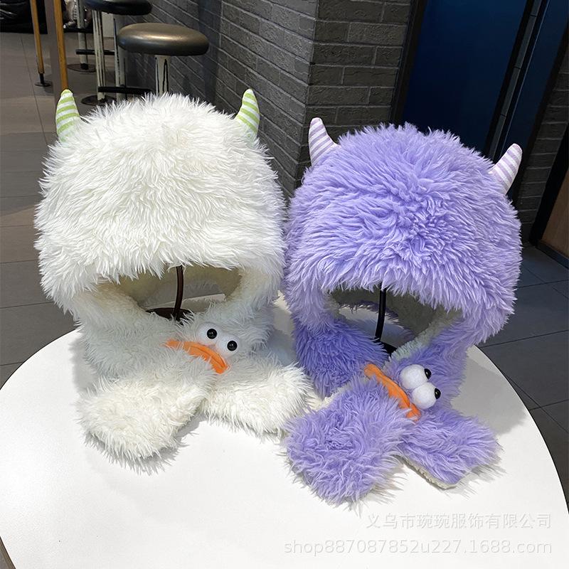 Cartoon Funny Thermal Ear Protection Hat Children Cute Horn Pullover Plush Hat Winter Fashion Versatile Cold Hat