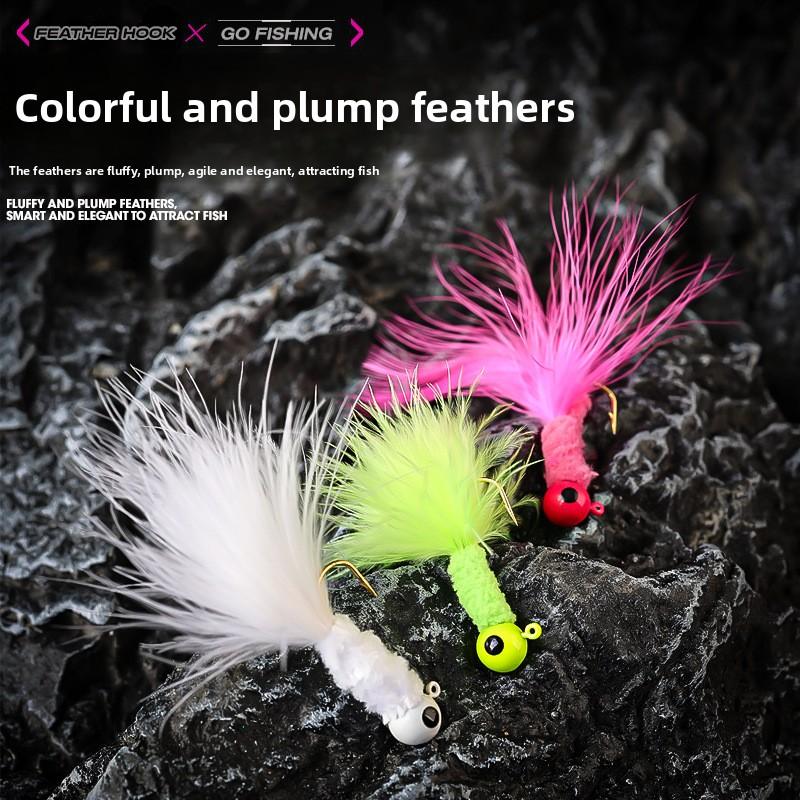 Handmade Chicken Feather Hook Micro Fly Hook0.9g1.7g3.5gColorful Feather Jig Head Lure Bass Fake Bait