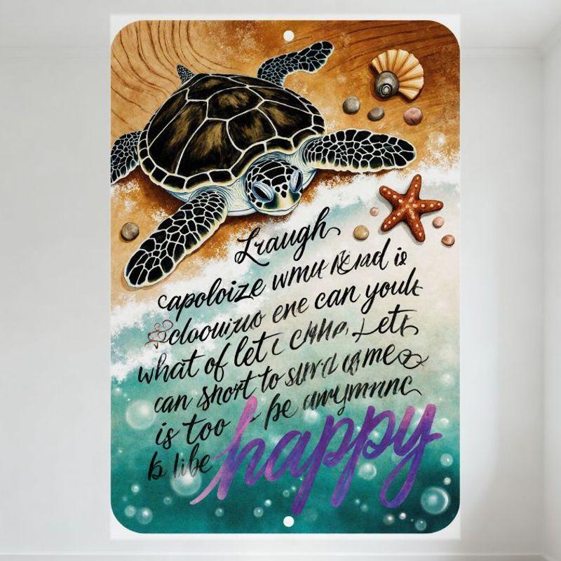 Whimsical Beach Metal Tin Sign with Sea Turtle, Starfish, Nautilus Shell - Motivational Quote Mirror Message Happy Emphasis Home