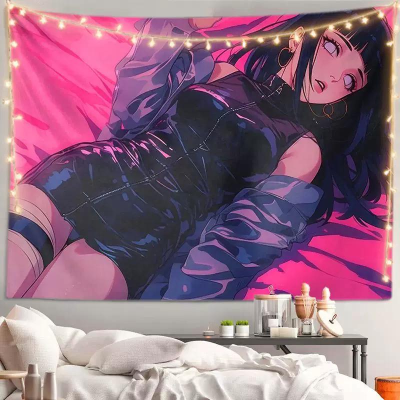 VIKAMA Cool Anime Girl Tapestry Black Hair Cool Girl Wall Hanging for Bedroom Dorm Gaming Room Decor Edgy Manga Art Poster