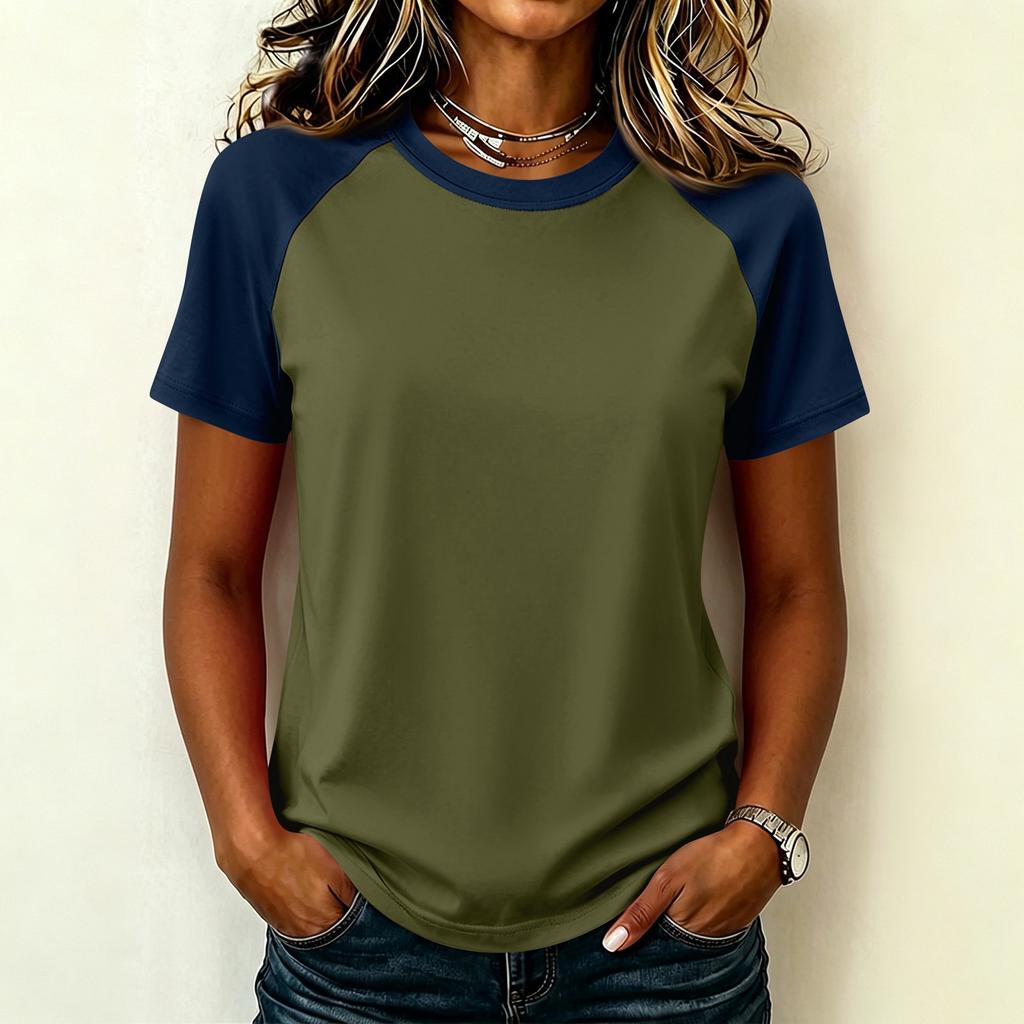 Women Casual Short Sleeve Raglan Sleeve T Shirt Crew Neck Color Block Loose Fit Lightweight Summer Top