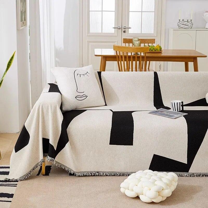 Schwarze Linien Chenille Sofabezug Stoff Sofadecke Universal Couch Handtuchbezug Staubdicht Sofakissenbezug