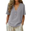 Women Solid Button V Neck Short Sleeve Casual T Shirt
