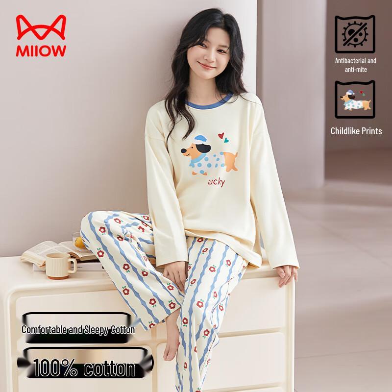 MaoRen Women s Cartoon Puppy Anti-mite Cotton Pajama Set L