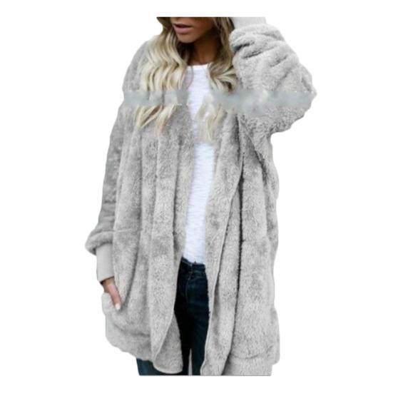 Winter Women Reversible Faux Fur Pocket Long Sleeve Hooded Midi Coat Cardigan