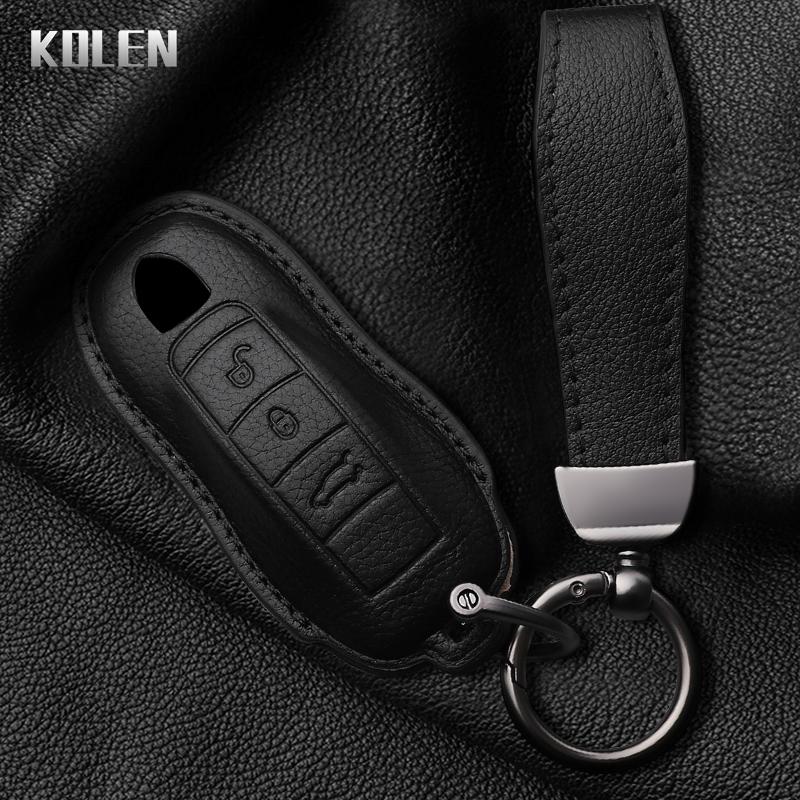 Leather Car Key Case Cover Shell Fob For Porsche Panamera Spyder Carrera Macan Boxster Cayman Cayenne 911 970 981 991 Keychain