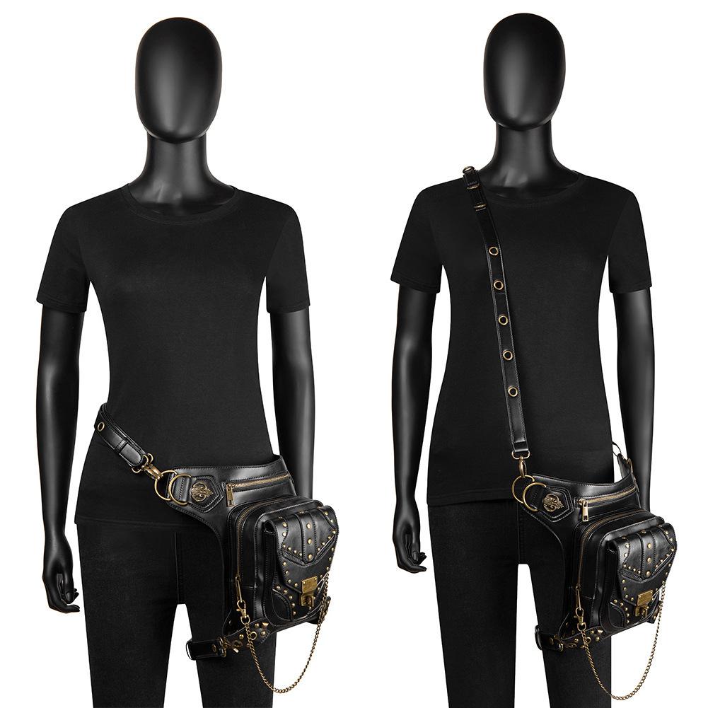 Bolso de moto con remaches retro steampunk para mujer, bandolera de un solo hombro, riñonera con cadena para mujer
