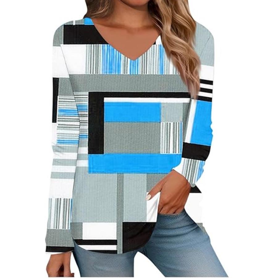 Women's Fashion V-neck Long Sleeved T-shirt Vintage 3d Printed Top