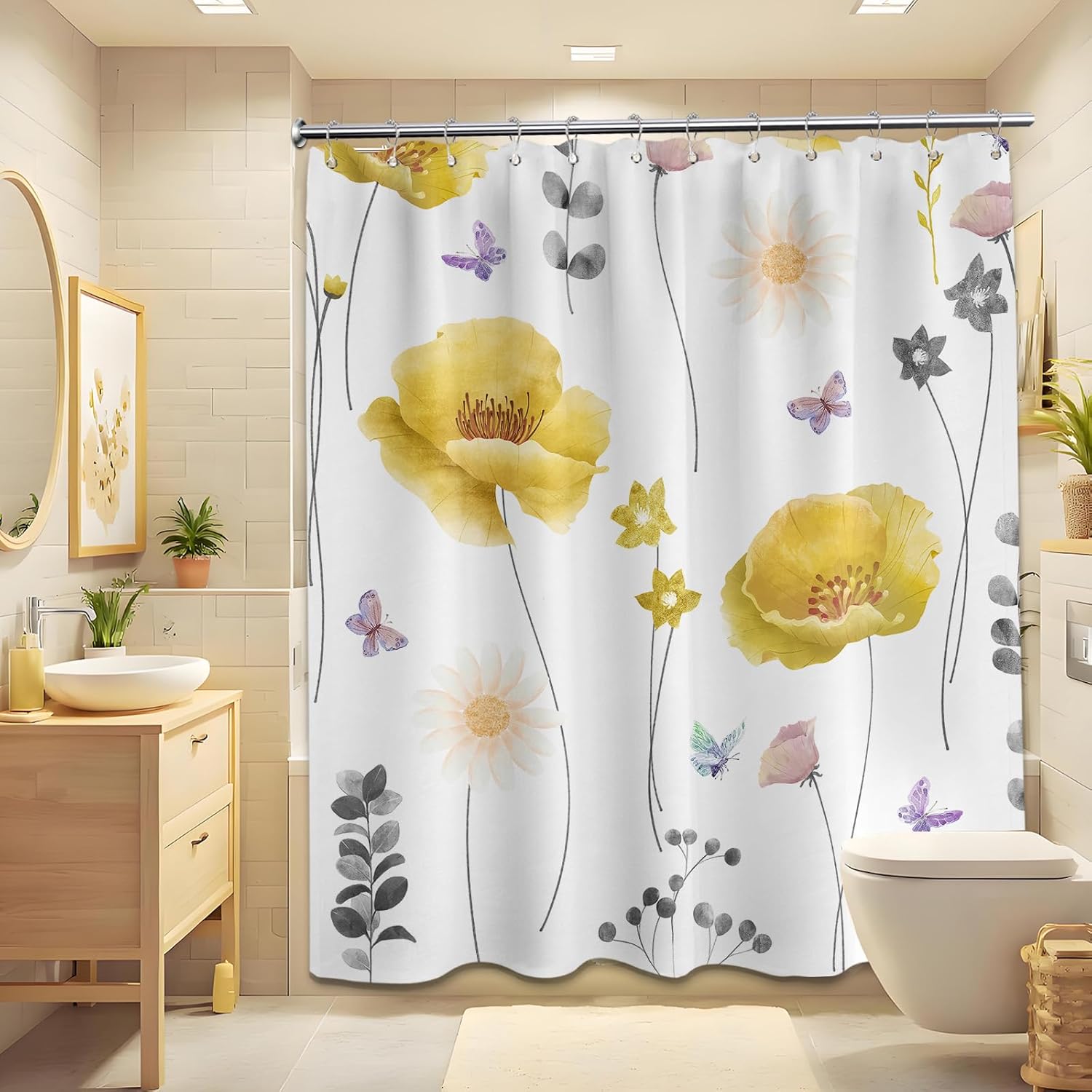

Yellow and Gray Watercolor Floral Shower Curtain Grey and Yellow Spring Summer Modern Minimalist Flower Shower Curtains for Bath 90x180cm