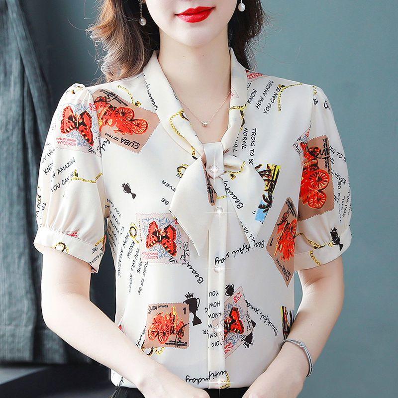 

Шелковая рубашка, женское летнее платье с короткими рукавами, новая модная маленькая рубашка с принтом, темпераментная блузка M красный