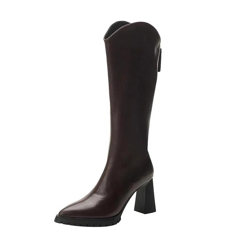 Vintage Autumn Winter Women Knee High Boots Fashion Pointed Toe Long Booties Designer High Heels Botas De Mujer high-quality