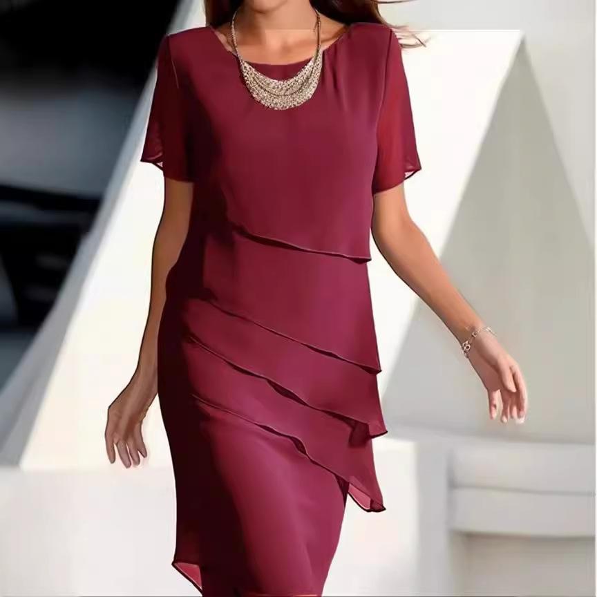 Women's Solid Short Sleeve Chiffon Midi Dress Round Neck Ruffle Layered A Line Elegant Commuter Dress Summer Party Dress