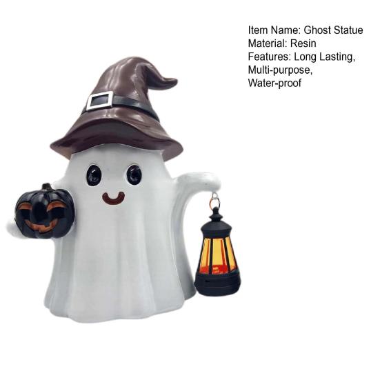 Solar Cute Ghost Statue Halloween Desktop Ornament Weather-Resistant Handmade Resin Pumpkin Ghost Figure with Light