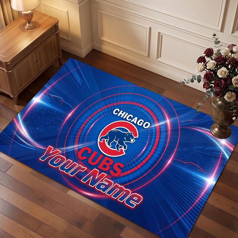 Chicago Cubs Personalized Crystal Velvet Carpet, Customized Name Text Soft Anti‑Slip Rug for Living Room Bedroom