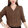 golden brown v-neck three quarter sleeve shimmer knit top with bow detail for women