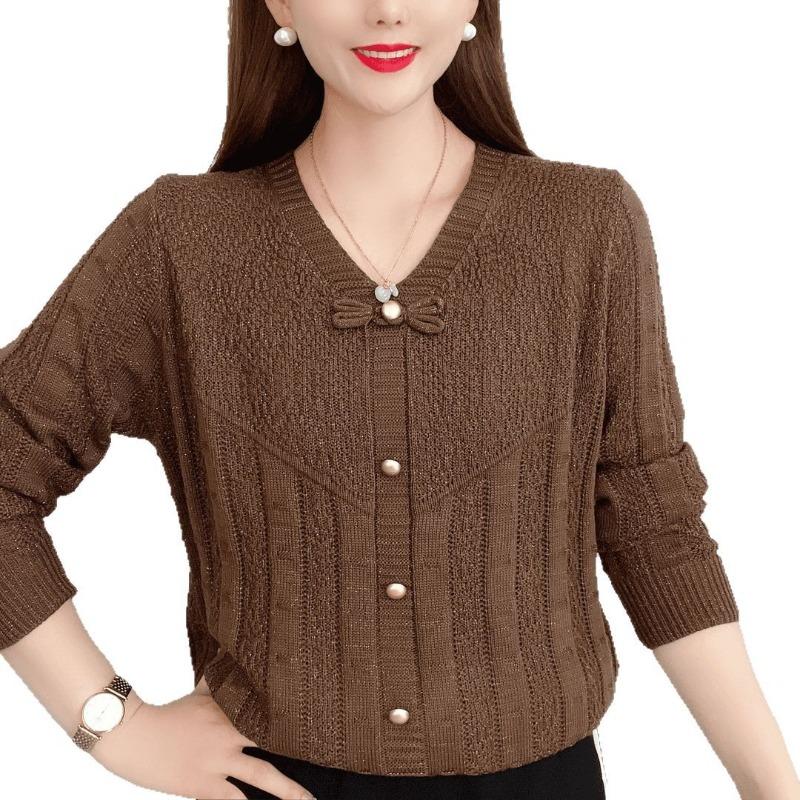 golden brown v-neck three quarter sleeve shimmer knit top with bow detail for women