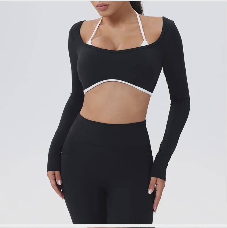 European-American Contrast Long-Sleeve Quick-Dry Yoga Top with Beautiful Back and Built-in Bra