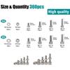 360-piece stainless steel socket head cap bolt and nut set, M4/M5, lengths 8mm, 12mm, 16mm, 20mm, for industrial equipment.
