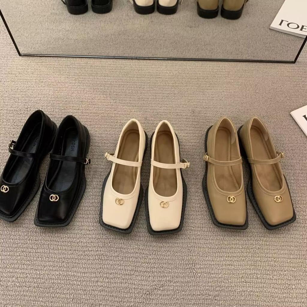 One-word buckle with Mary Jane single shoes children's French style spring and summer 2025 new square head shoes laden shoes flat-soled small leather