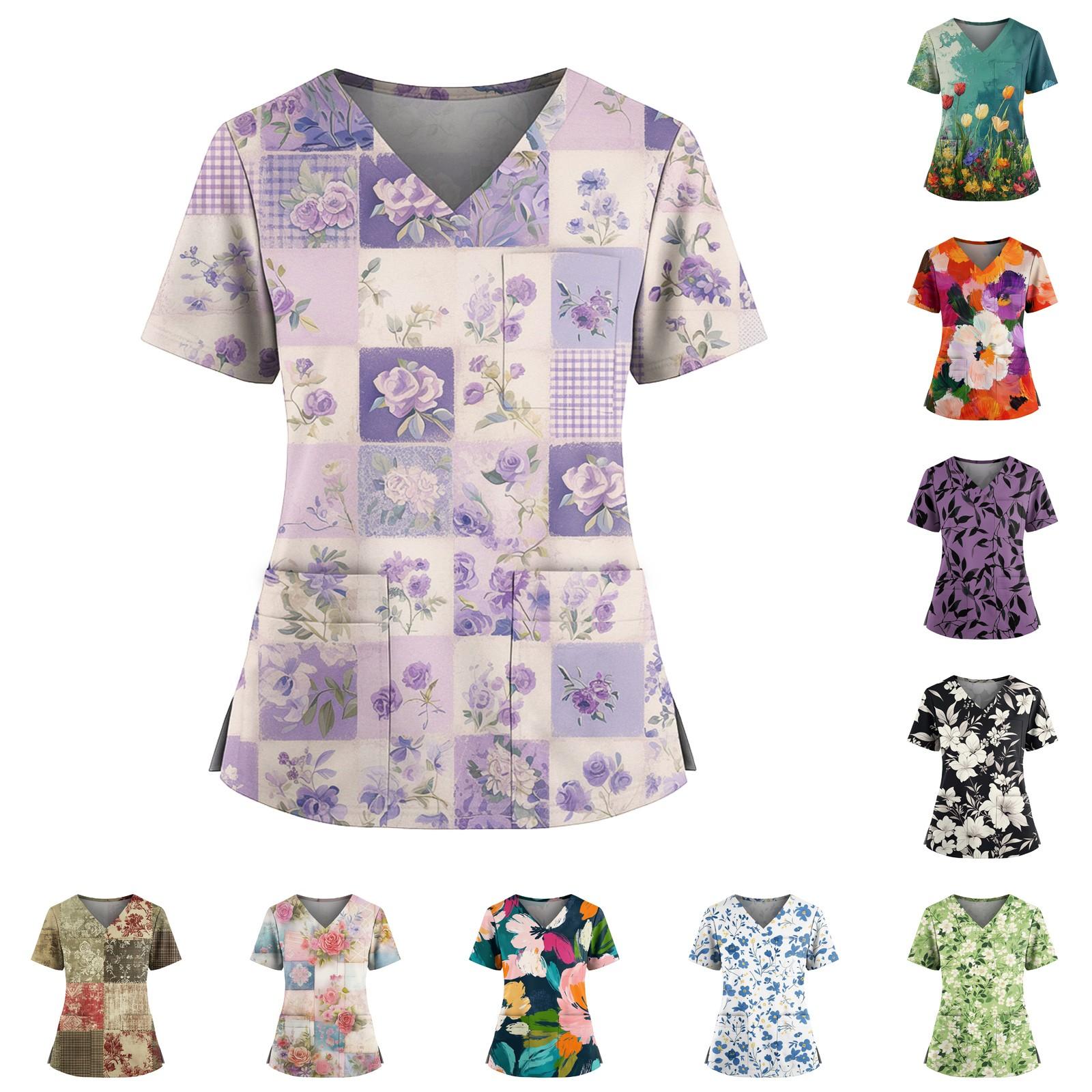 

Women s Casual Printed V-Neck Pocket Side Slit Short Sleeved Top Short Sleeved Top XL