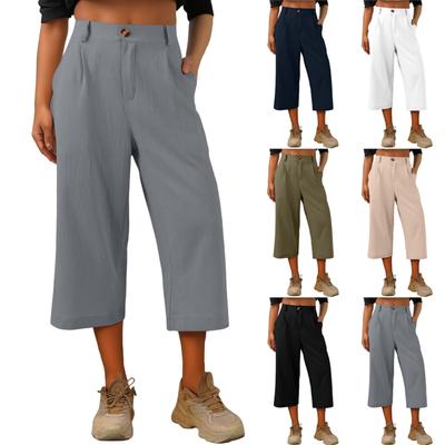 Capris Pants For Women Cotton Linen Casual Summer Straight Wide Leg Loose Drawstring Elastic Waist Cropped Trouser