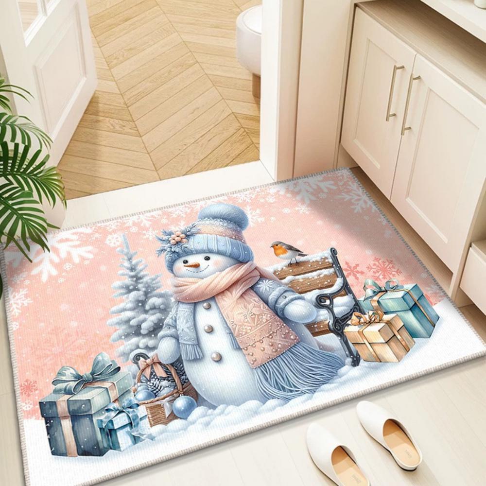 Christmas Gnome Snowman Tree Pattern Doormat Pink and Blue Color Scheme Non Slip Entrance Rug for Living Room Bedroom Decor