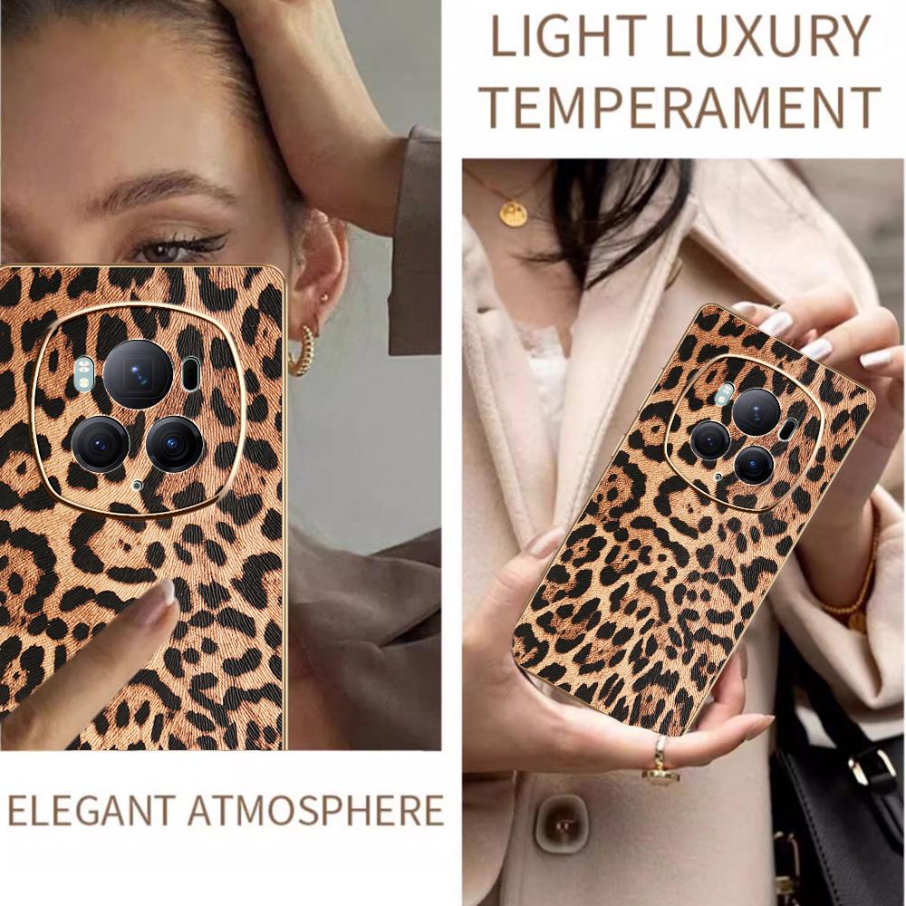 For Honor Magic6 Pro 5G Case Leopard Print PU Leather Coated PC+TPU Electroplating Phone Cover