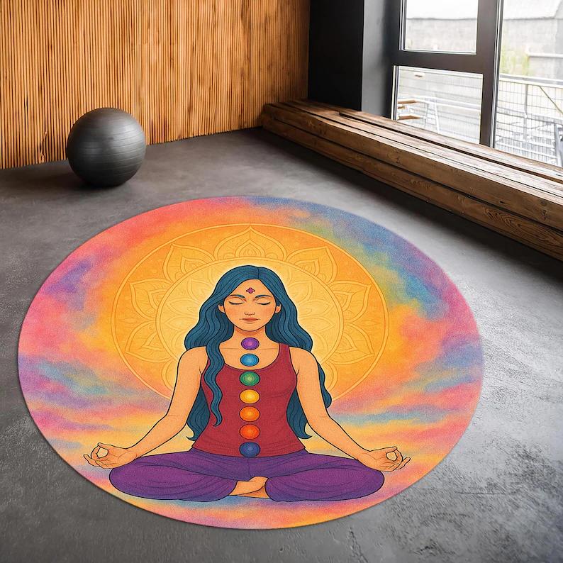 Creative Meditation Yoga Round Rug Anti-Slip Rug for Living Room Sofa Decor Bedroom Rug Exercise The Reading Area Floor Mat