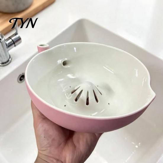 Versatile Drainer Bowl for Snacks Berry Washing Bowl, Raised Center Drainage Hole Fruit Rinse Ceramic with Self-Spinning Serving Colander Kitchen