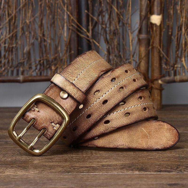 Vintage Men's 3.8cm Wide Double Breasted Belt 100% Cowhide Double Prong Buckle Handmade Heavy Duty Belt Fashion Jeans Belt Brown