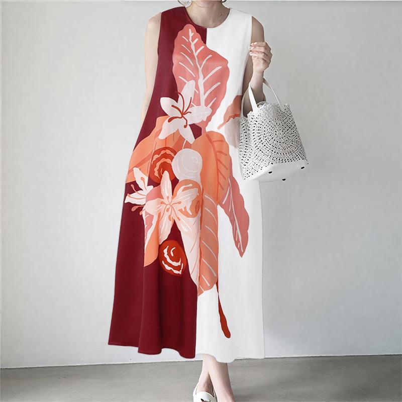 

ZANZEA Women Summer Casual Round Neck Loose Sleeveless Print Dress 3XL вина червоного кольору