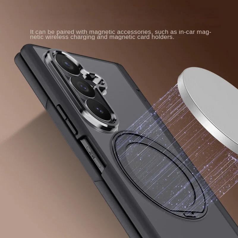 For Samsung Z Fold 8 Ultra Galaxy Z Fold 7 Matte Frosted Metal Magnetic Ring Kickstand Case with Tempered Glass Screen and Hinge