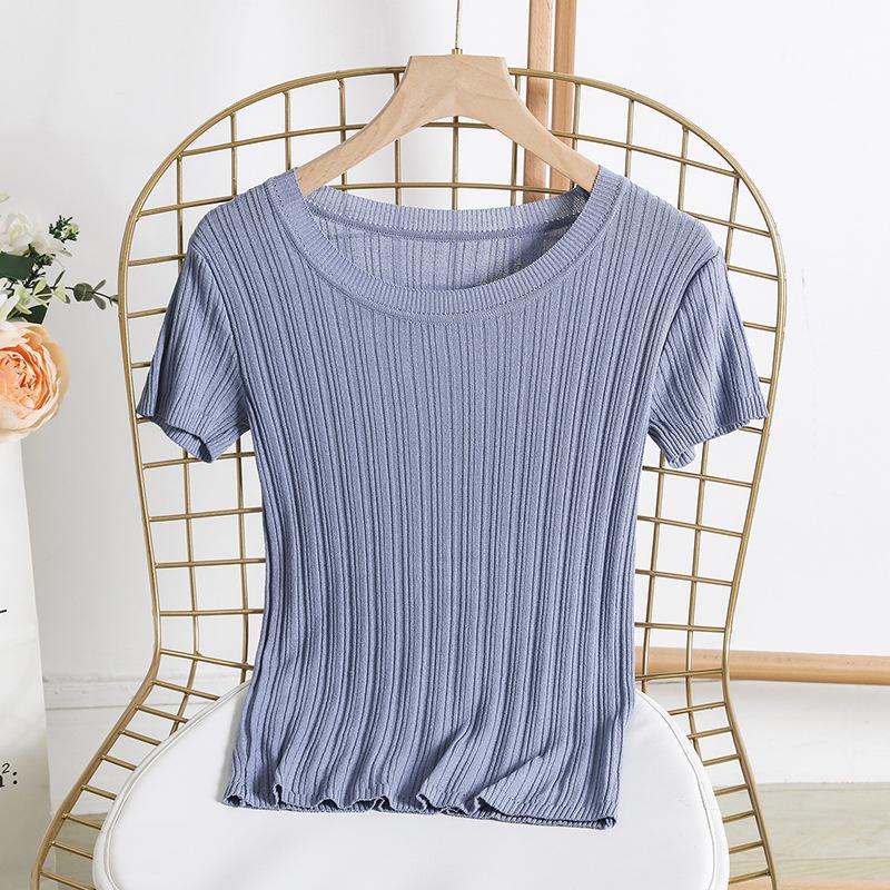Camiseta de verano para mujer, Jersey de punto de manga corta, Camiseta de punto, Top ajustado con cuello redondo