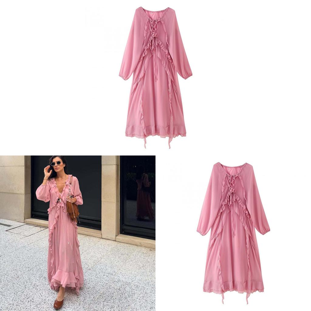 Polyester Unifarben V-Ausschnitt Ärmellos Langes Kleid Für Elegante Damen Frühling
