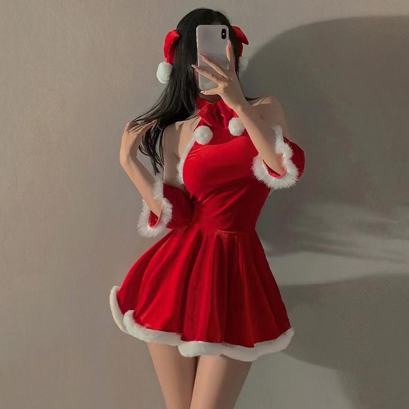 New Sexy Fashion Lingerie Sexy Pajamas Women'S Grade Hanging Pajama Dress Red Christmas Cosplay Uniform Dress Bow