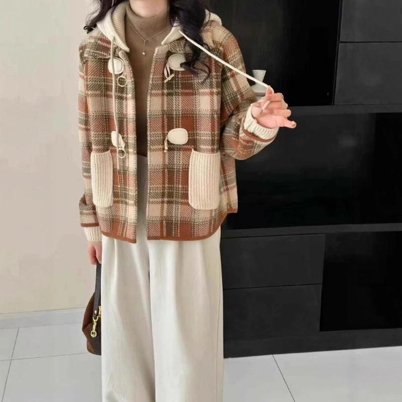 Removable Hat Plaid Woolen Jacket Women's Short Autumn and Winter Loose New Woolen Coat Plaid Thickened Sweater