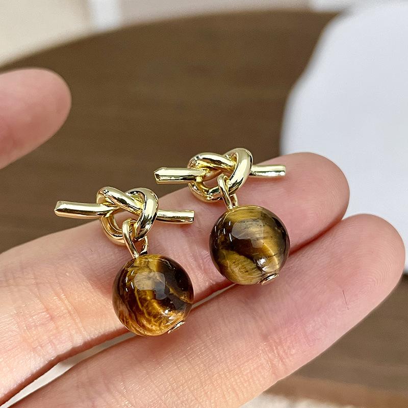 Natural tiger's eye stone series stud earrings for women Maillard exquisite retro earrings niche light luxury high-end temperament earrings