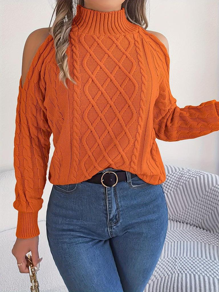 Women's Off-Shoulder High Neck Cable- Sweater - Soft Stretchy Long Sleeve Pullover, Solid Color Casual Chic Fall Winter Top, Highneck Pullover